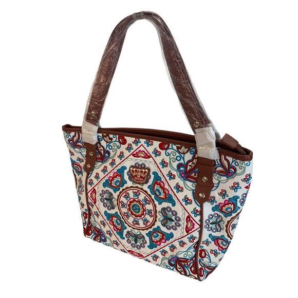 NEW Fricaine Brown Embroidered Tote Floral Leather Purse Handbag - Picture 1 of 11
